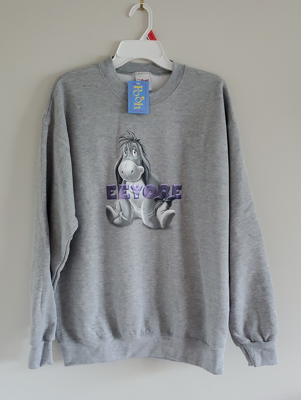 NWT Disney Unisex Light Gray Eeyore Donkey Pullover Sweatshirt Sz L Casual